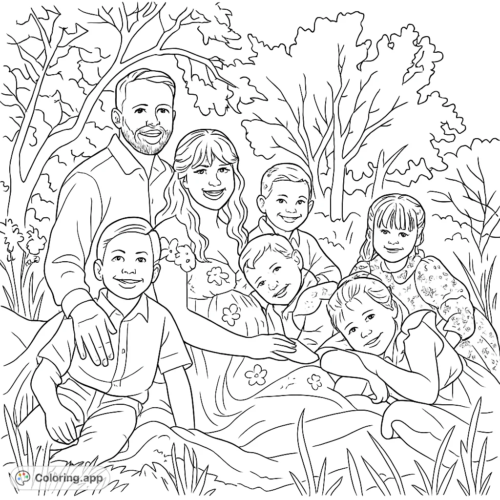 A heartwarming family portrait featuring parents and five children enjoying an outdoor setting, perfect for a joyful coloring experience.