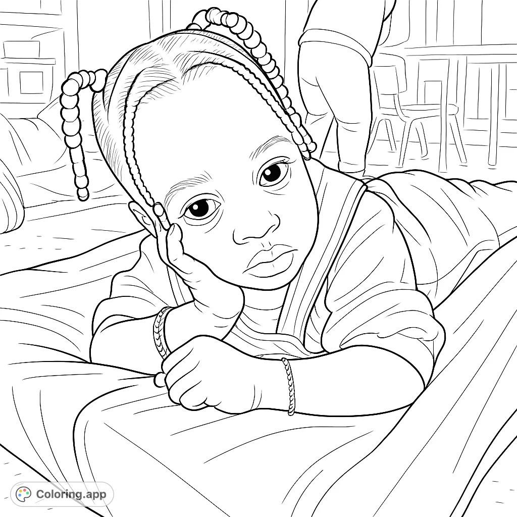 An adorable child in a relaxed pose, lying on a mat with braided pigtails and bracelets. A charming child coloring page for all ages.