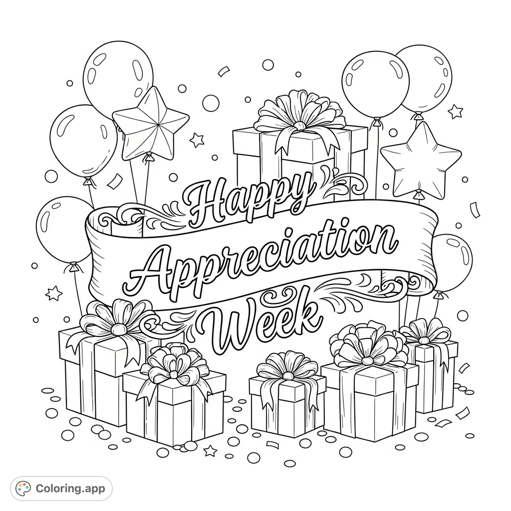 Celebrate gratitude with this festive appreciation week coloring page featuring a 'Happy Appreciation Week' banner, gifts, and balloons. Perfect for showing thanks.