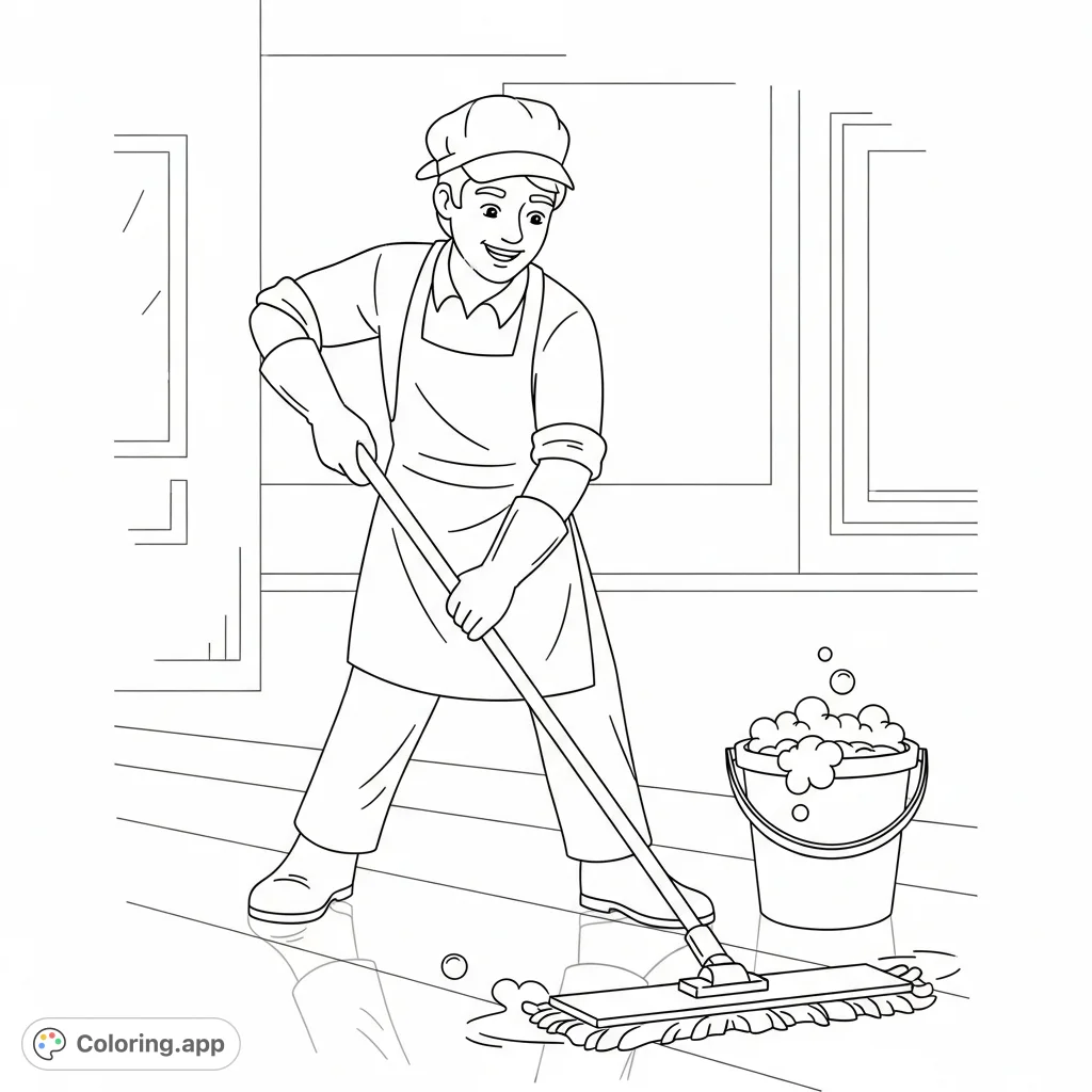 A cheerful person with a big smile happily mops a clean floor, celebrating the joy of housekeeping. Perfect for Housekeeping Appreciation Week!