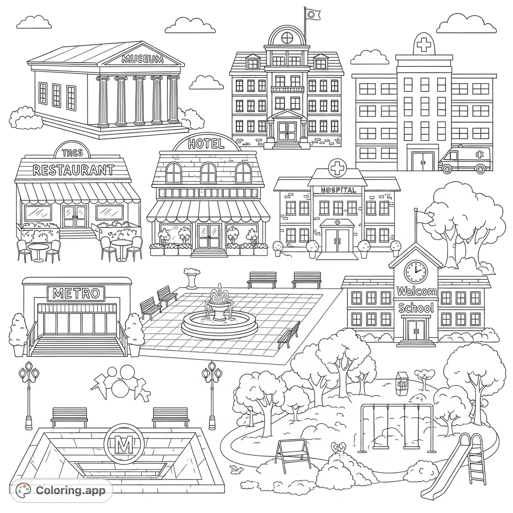 Explore a bustling town scene featuring a museum, restaurant, hotel, hospital, square, metro, school, and park. A free printable town places coloring page for kids.