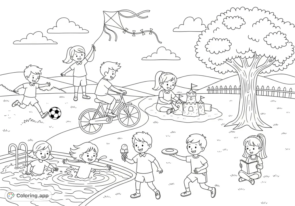 Eight primary school children enjoying diverse summer holiday activities like soccer, kite flying, sandcastle building, and swimming. A joyful scene for coloring.