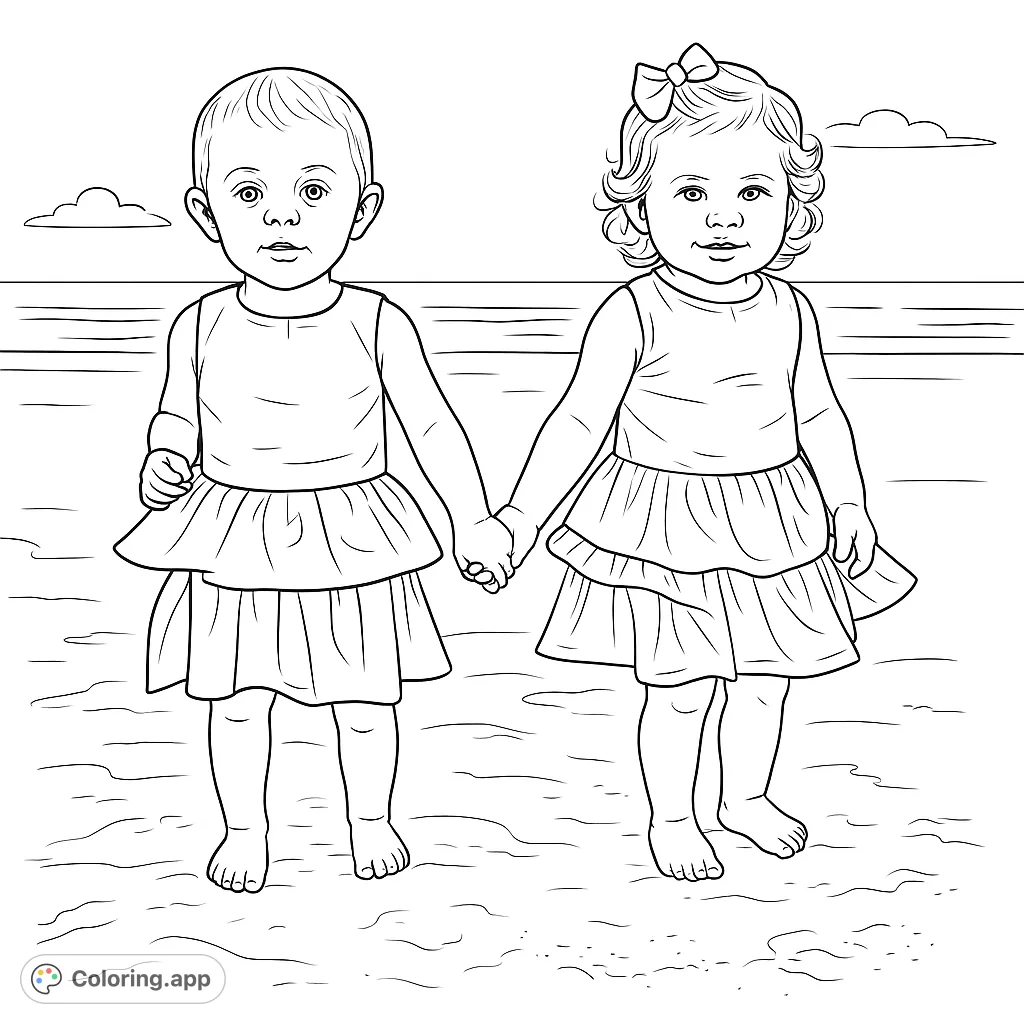 A heartwarming beach scene featuring two young children holding hands, ready for a fun day by the ocean. Perfect for a relaxing coloring experience.