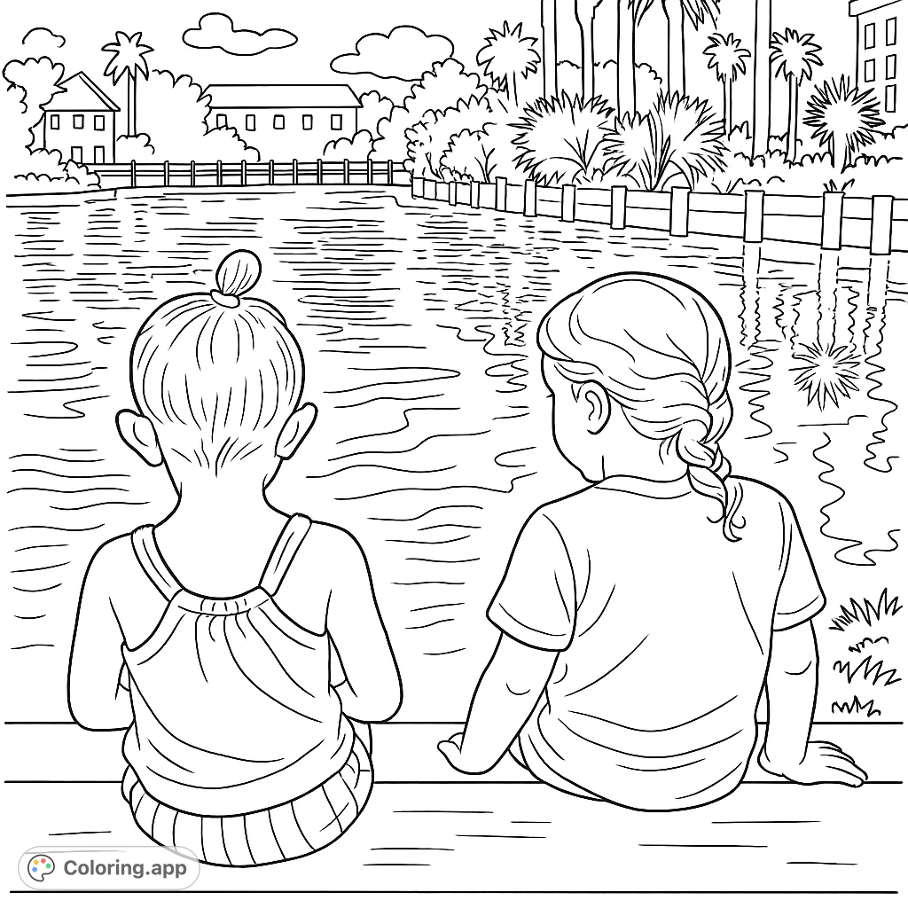 Two children sit on a dock, gazing at a tranquil pond with reflections of trees and a distant bridge. A peaceful scene for creative coloring.