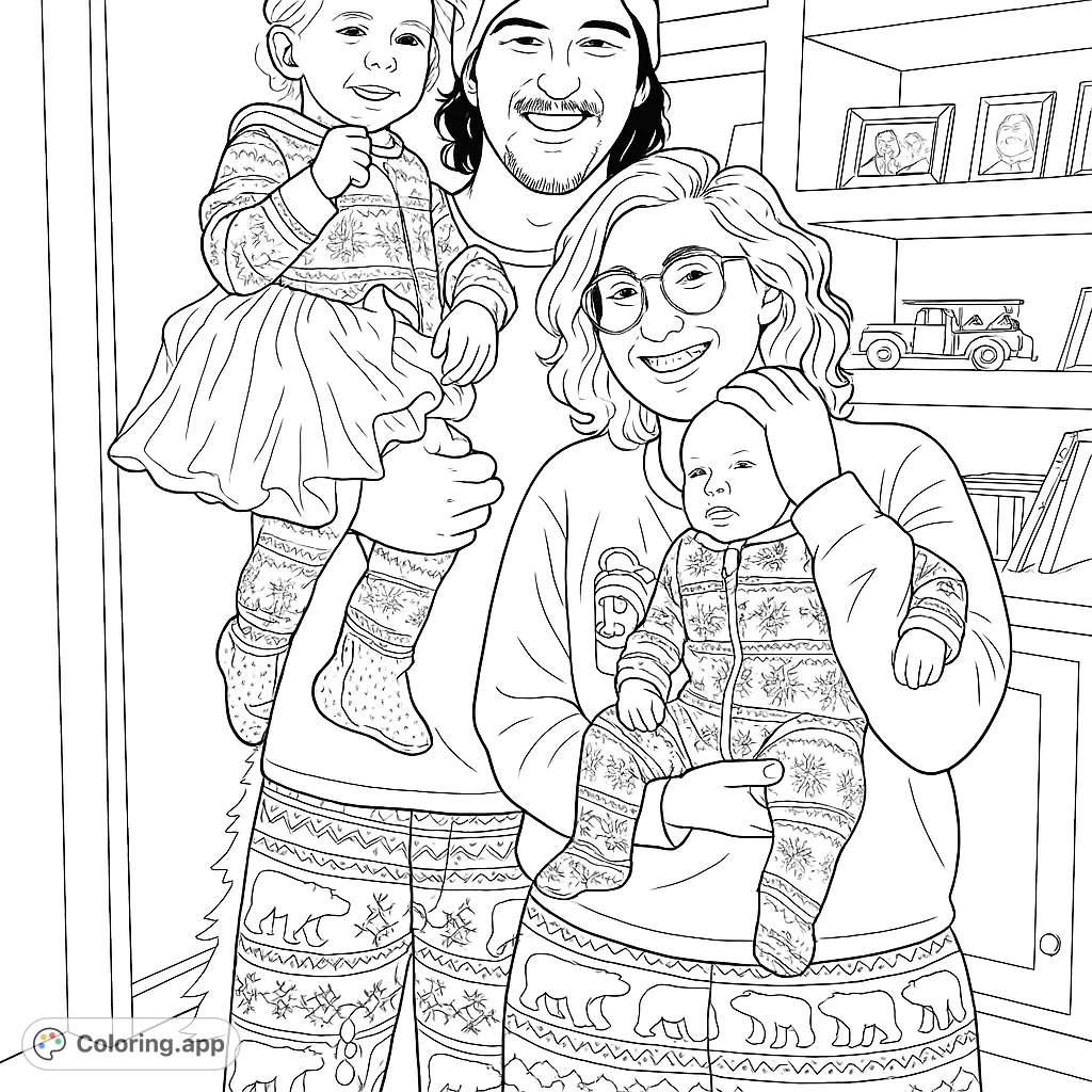 A heartwarming family portrait featuring two adults and two children in festive patterned pajamas, perfect for celebrating togetherness and holiday cheer.