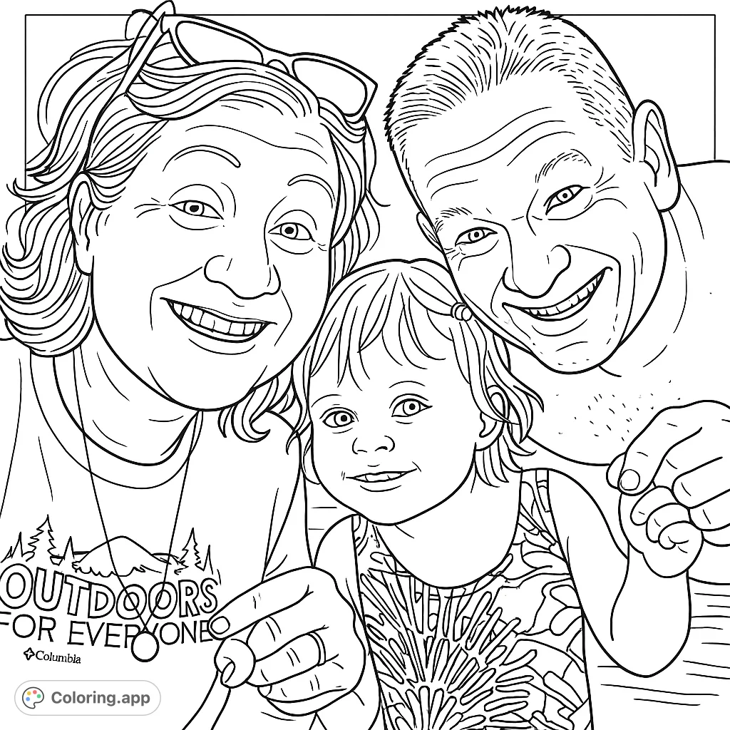Capture a heartwarming moment with this family beach day coloring page. Features a smiling adult couple and a child, perfect for celebrating family bonds.
