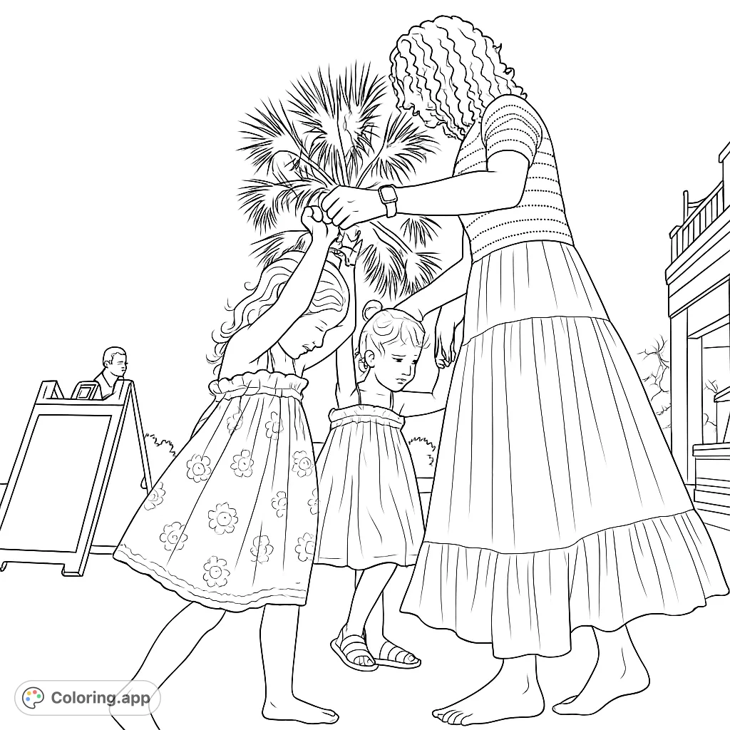 Capture a heartwarming moment of a woman dancing with two young girls under a palm tree. A delightful family coloring page for all ages.