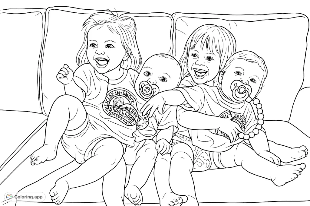 A heartwarming scene of four happy children, two toddlers and two babies, sharing a joyful moment on a couch. Perfect for family-themed coloring.