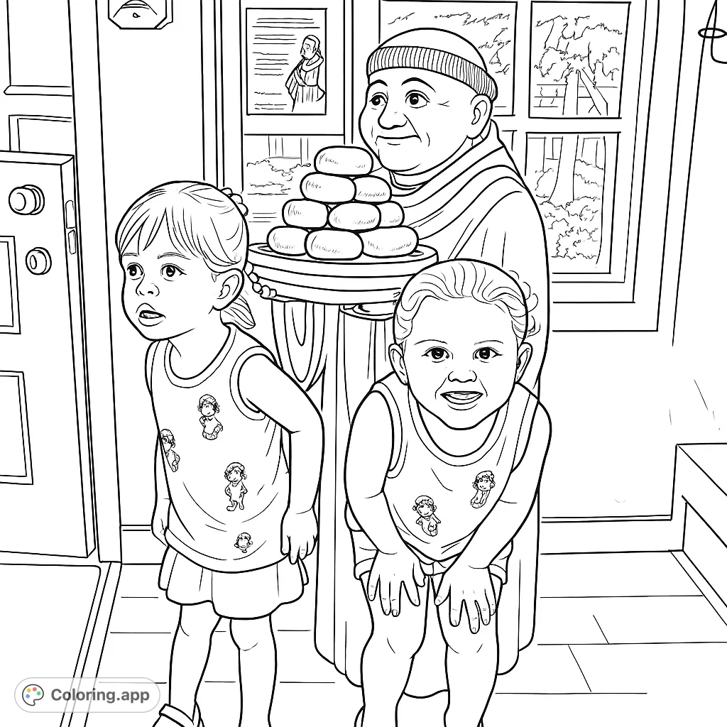 Two playful children pose with a friendly monk statue holding a stack of treats. A charming scene perfect for a delightful coloring adventure.