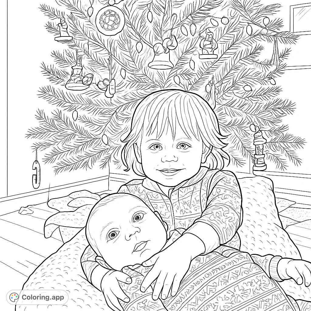 A delightful Christmas coloring page featuring two siblings, an older child holding a newborn, in front of a beautifully decorated holiday tree. Perfect for festive fun!