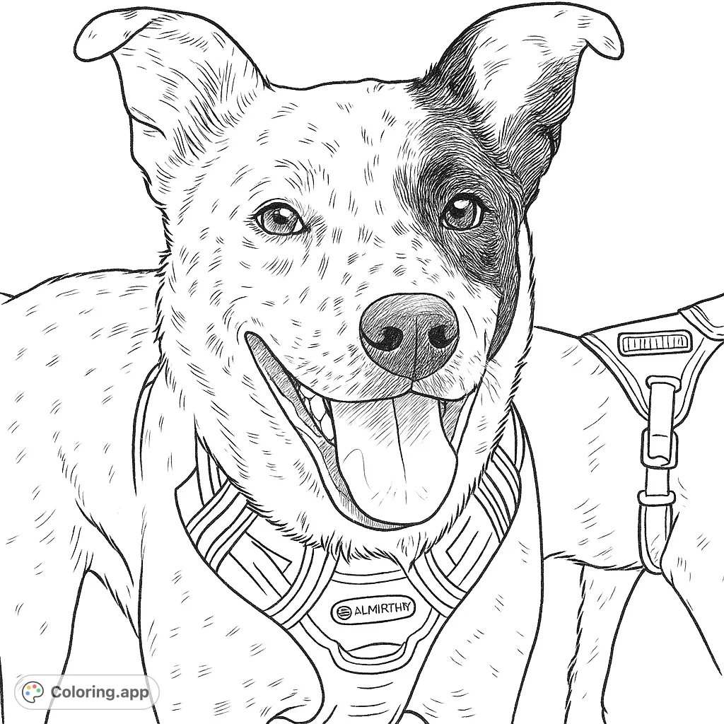 A delightful spotted dog with a happy expression, tongue out, wearing a detailed harness. Perfect for dog lovers to bring to life with their favorite hues.