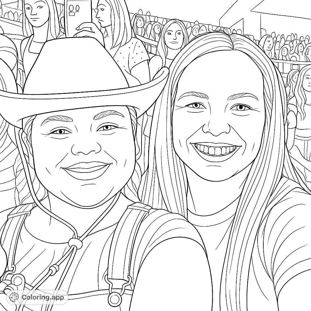 Capture the joy of two friends at a lively event, one in a cowboy hat, surrounded by a cheering crowd. A fun concert coloring page for all ages.