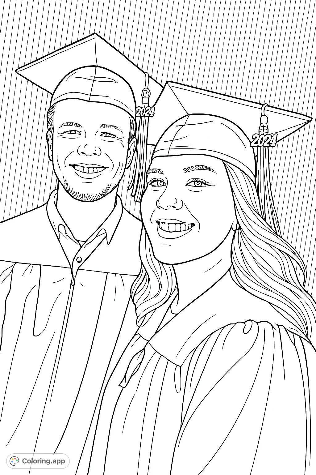 Celebrate academic achievement with this graduation coloring page featuring two smiling graduates in caps and gowns, ready for a bright future.