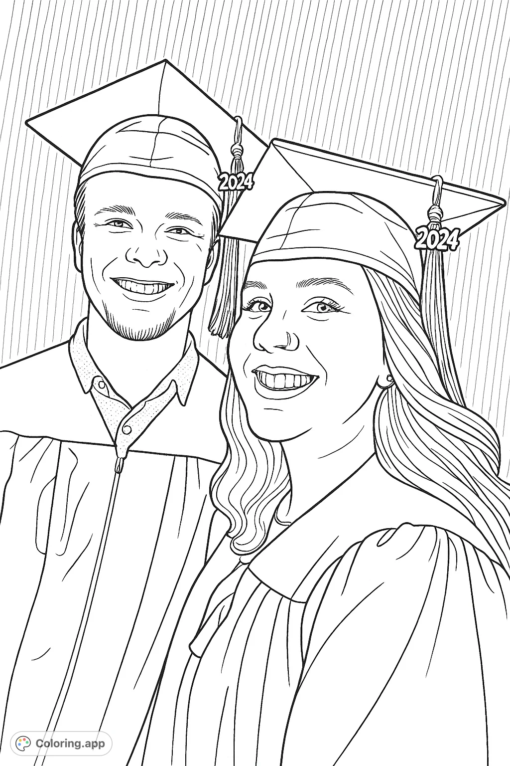 Celebrate academic success with this graduation coloring page featuring two smiling graduates in caps and gowns, ready for a bright future.