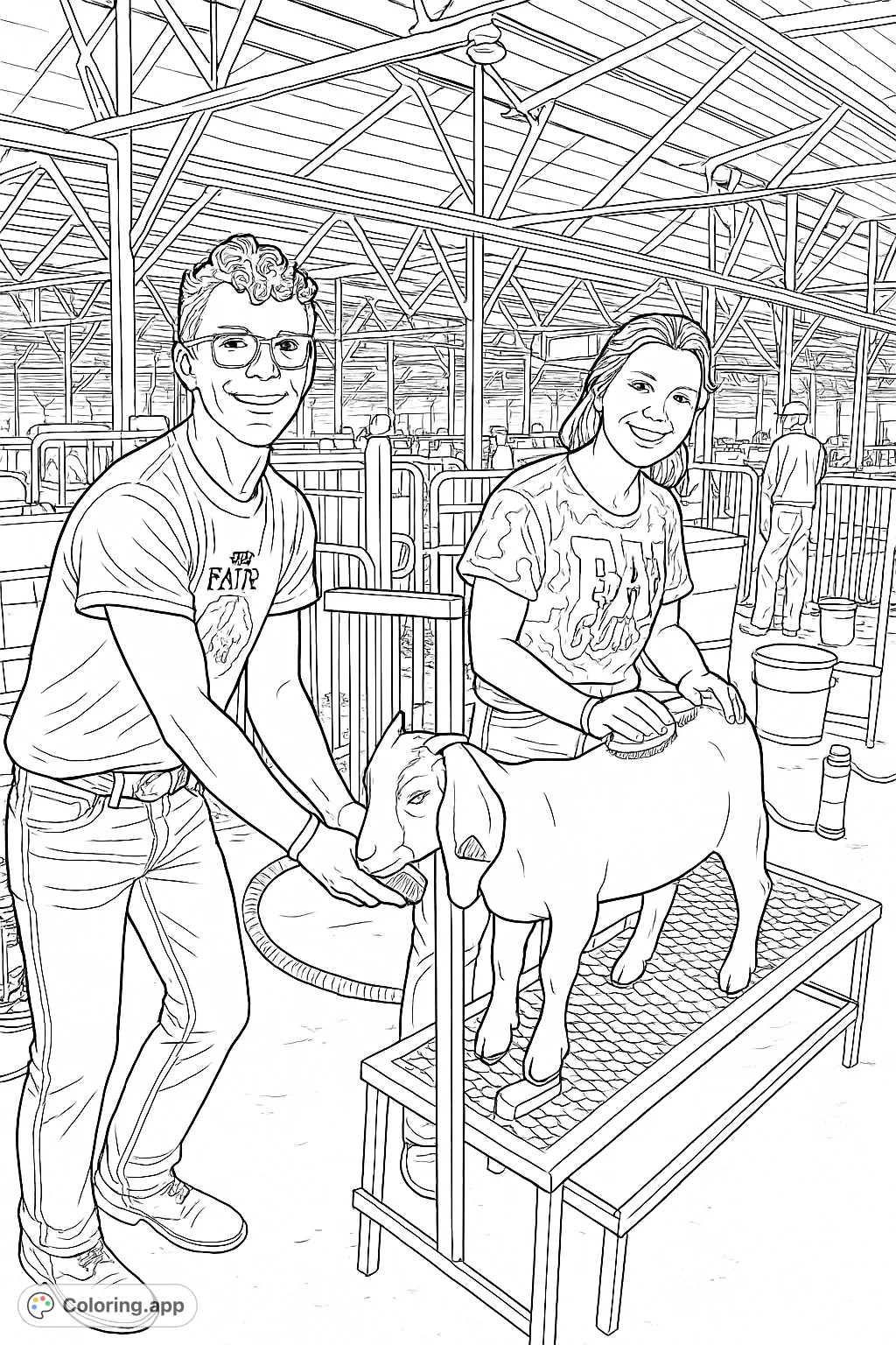 A heartwarming scene of two young people grooming a goat at a fair. Perfect for animal lovers and those who enjoy farm life and agricultural themes.