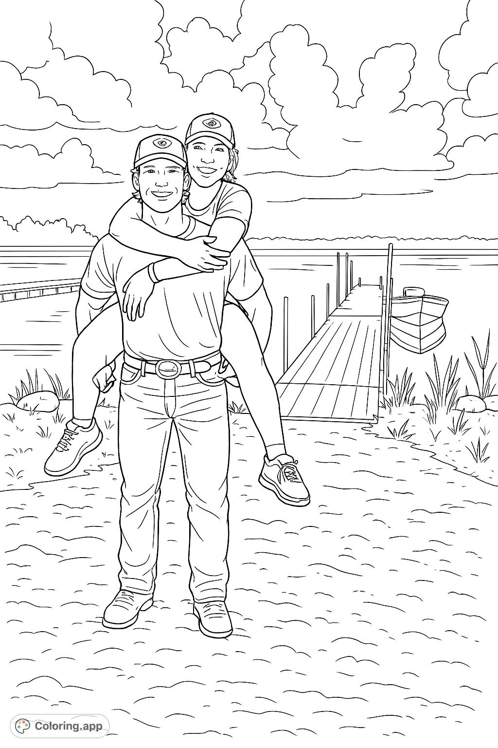 A joyful couple enjoys a piggyback ride by a serene lake with docks and a boat, perfect for a relaxing coloring experience.