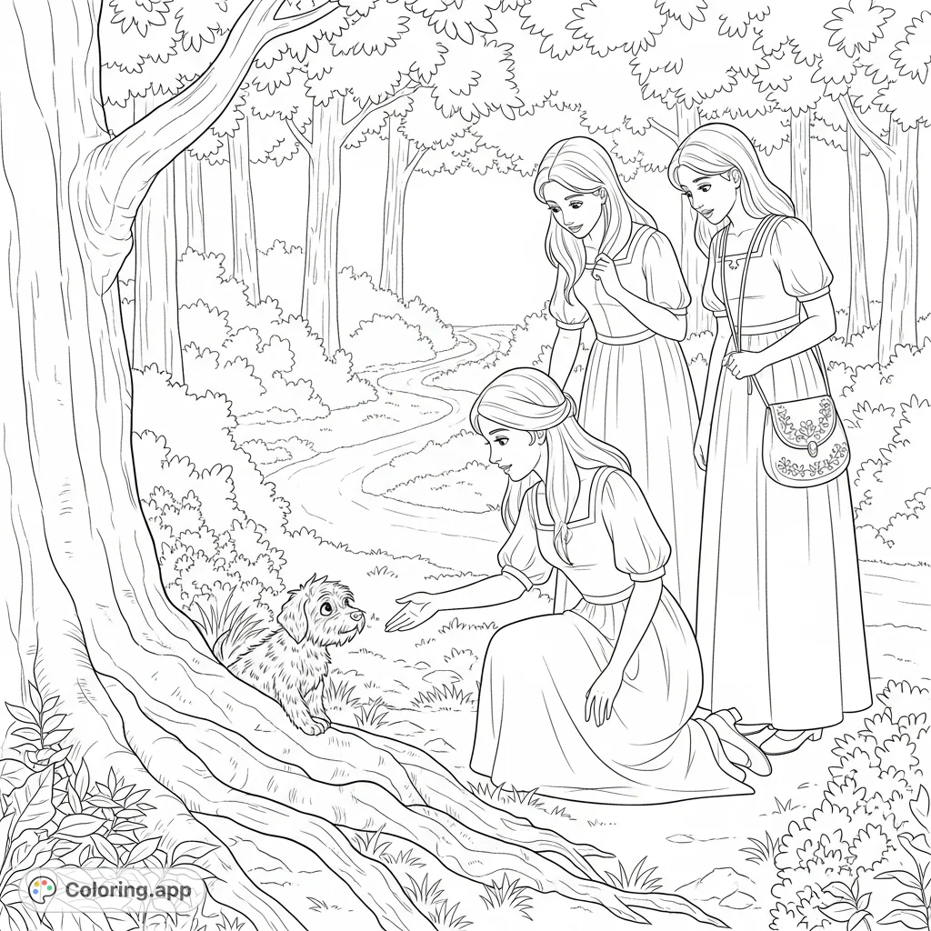 Three regal women in elegant dresses discover a timid, scruffy puppy by a gnarled tree root in a sun-dappled forest, a heartwarming scene.