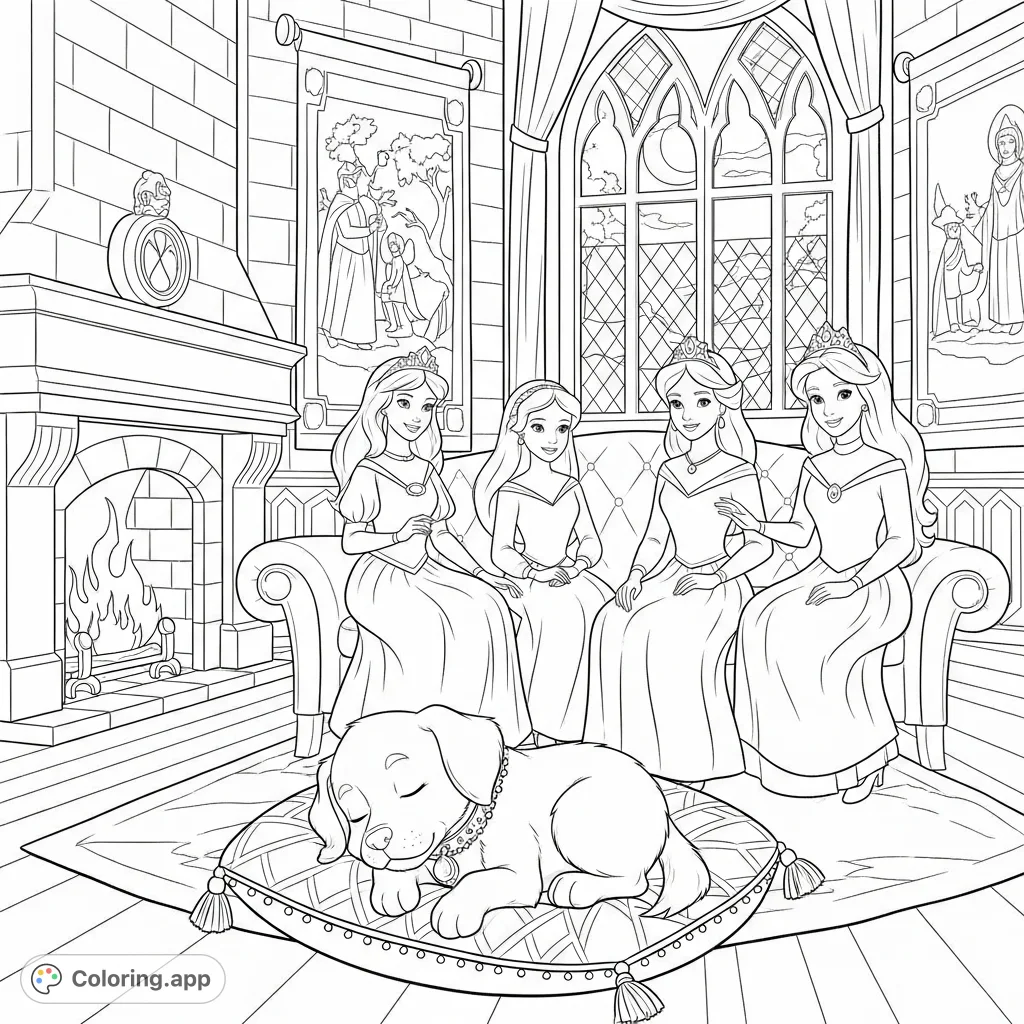 Step into a regal castle parlor where three princesses relax by a crackling fireplace, a jeweled puppy nestled between them. A detailed scene for creative coloring.