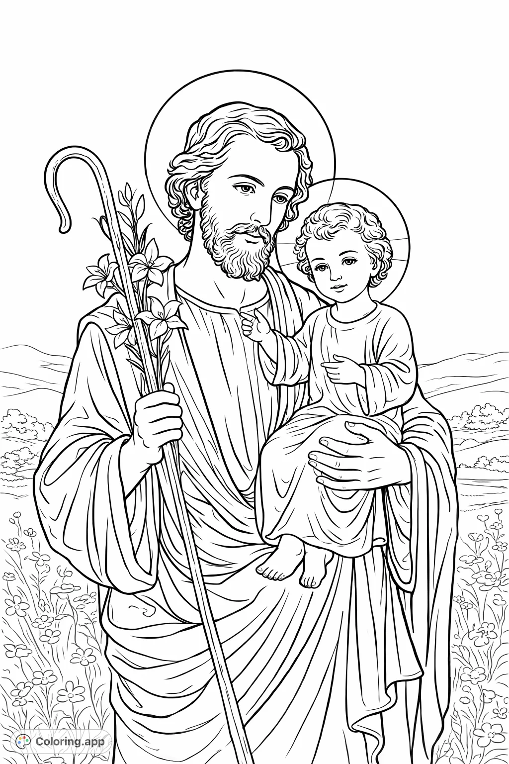 Capture a serene moment with a holy figure holding a child, featuring symbolic lilies and a tranquil landscape. Ideal for reflection and devotion.