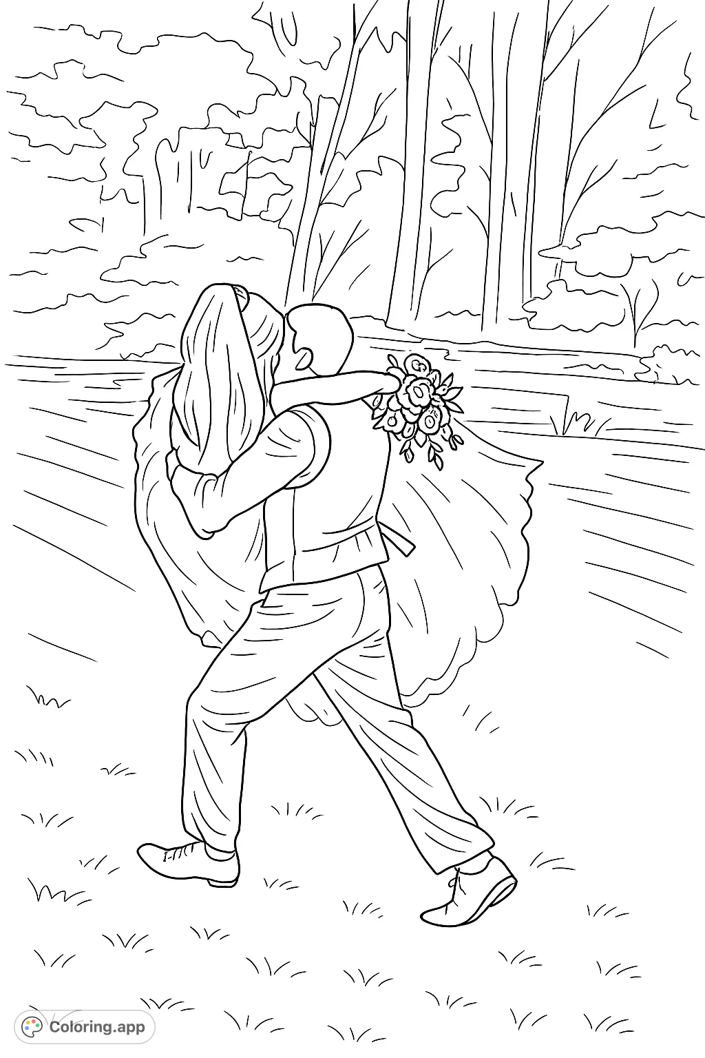 Capture the magic of a wedding day with this romantic coloring page. A groom carries his bride in a loving embrace, surrounded by a serene outdoor setting.