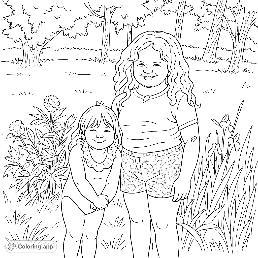 Capture the joy of two smiling sisters in a vibrant garden scene. A delightful free printable coloring page for kids and families to enjoy.