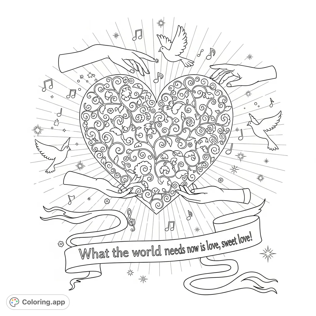 Embrace the power of love with this intricate coloring page featuring a central heart, doves, musical notes, and the inspiring quote.
