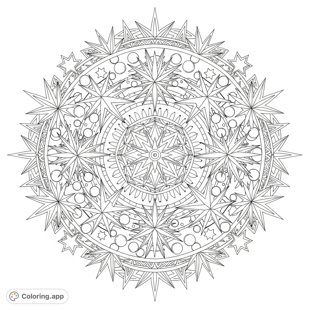 An intricate boho mandala coloring page featuring radiating star bursts and decorative dots, perfect for mindful coloring and creative expression.