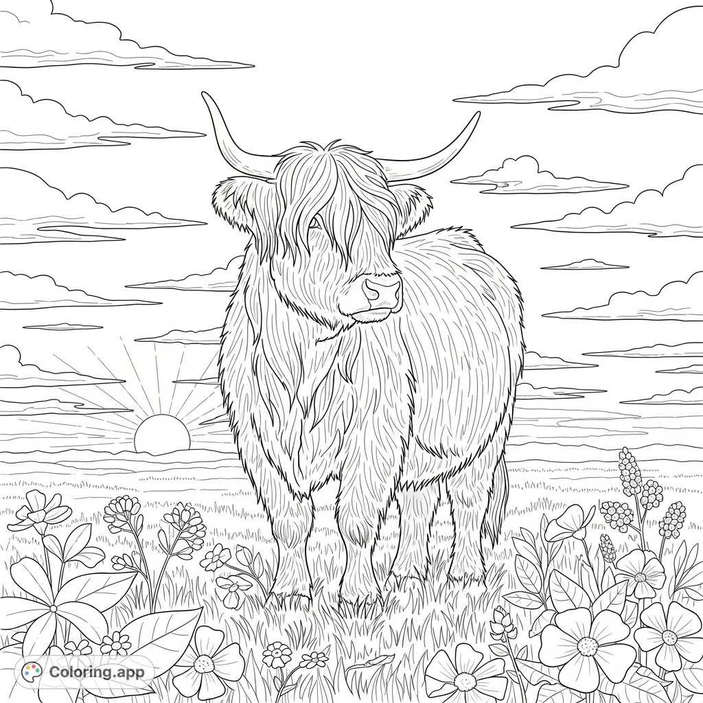 Color a charming Highland cow amidst a field of wildflowers, set against a beautiful sunset sky. A delightful scene for all ages to bring to life.