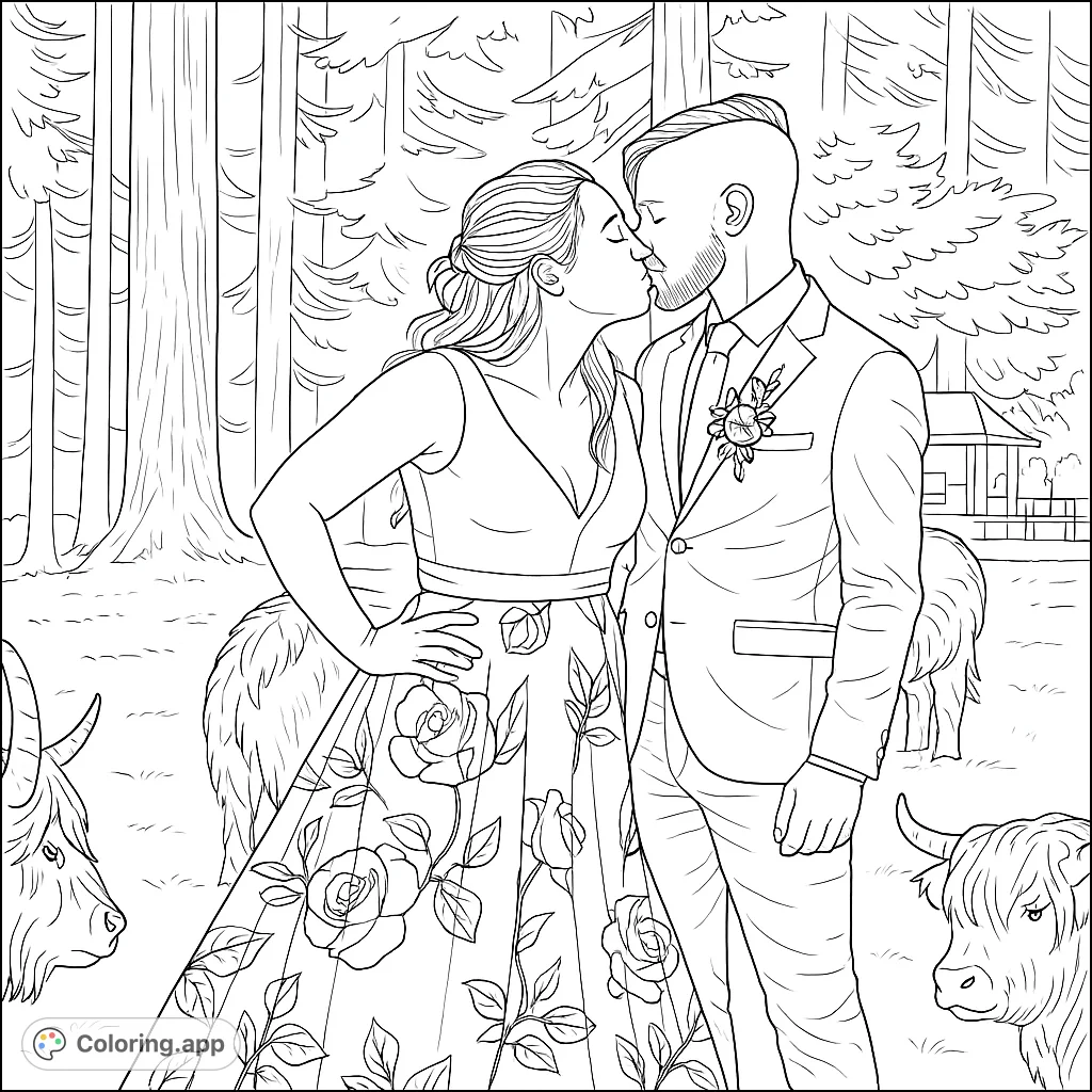 A loving couple shares a tender kiss in a serene forest, surrounded by shaggy animals, perfect for a romantic coloring page.
