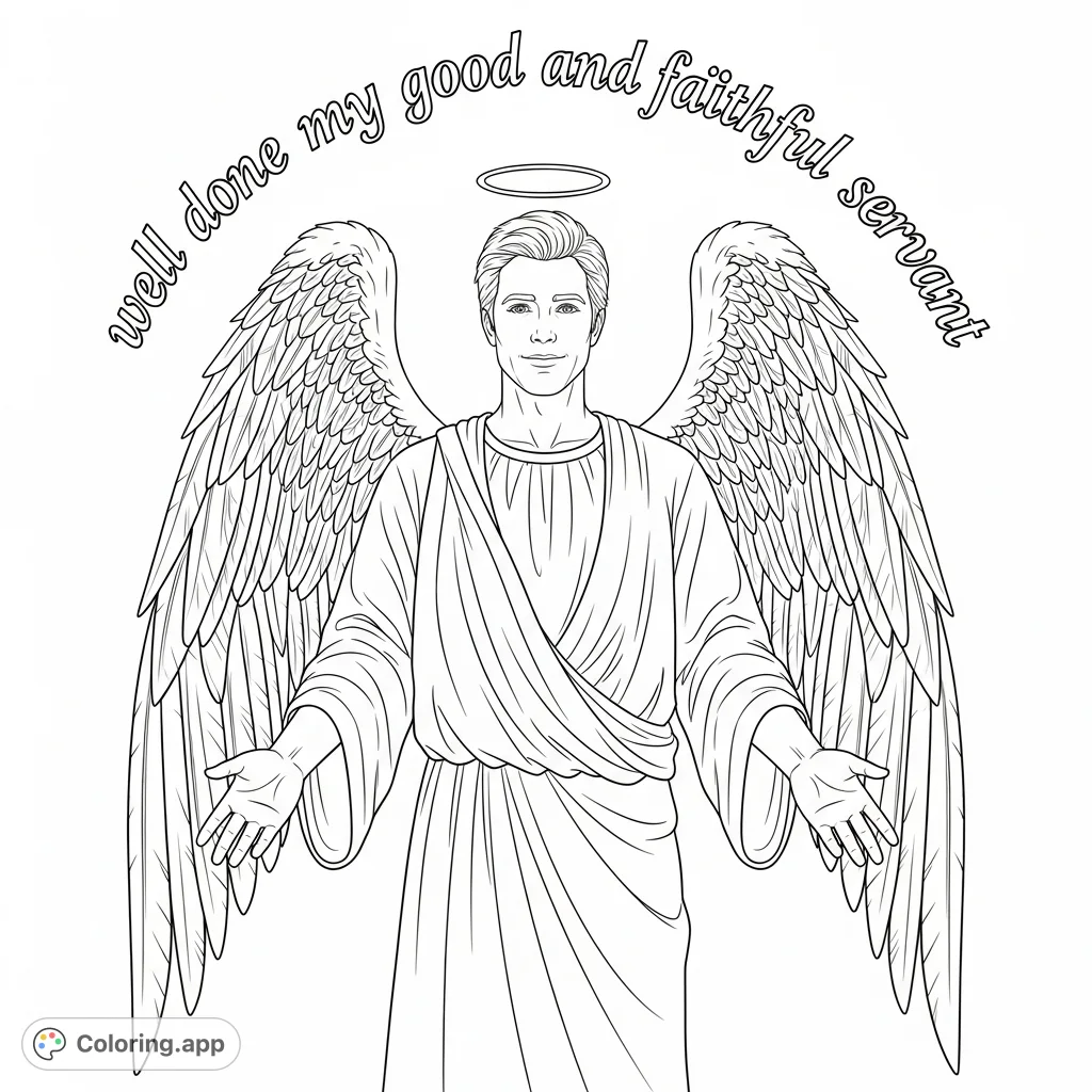 Color a unique Charlie Kirk angel coloring page, featuring him with feathered wings, flowing robes, a halo, and inspiring text. A free printable coloring page for adults.