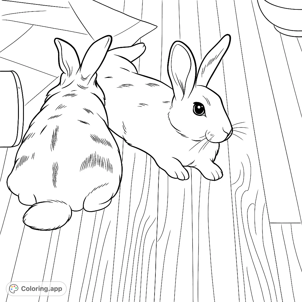 A charming coloring page featuring two adorable spotted rabbits resting on a wooden floor, perfect for animal lovers of all ages.