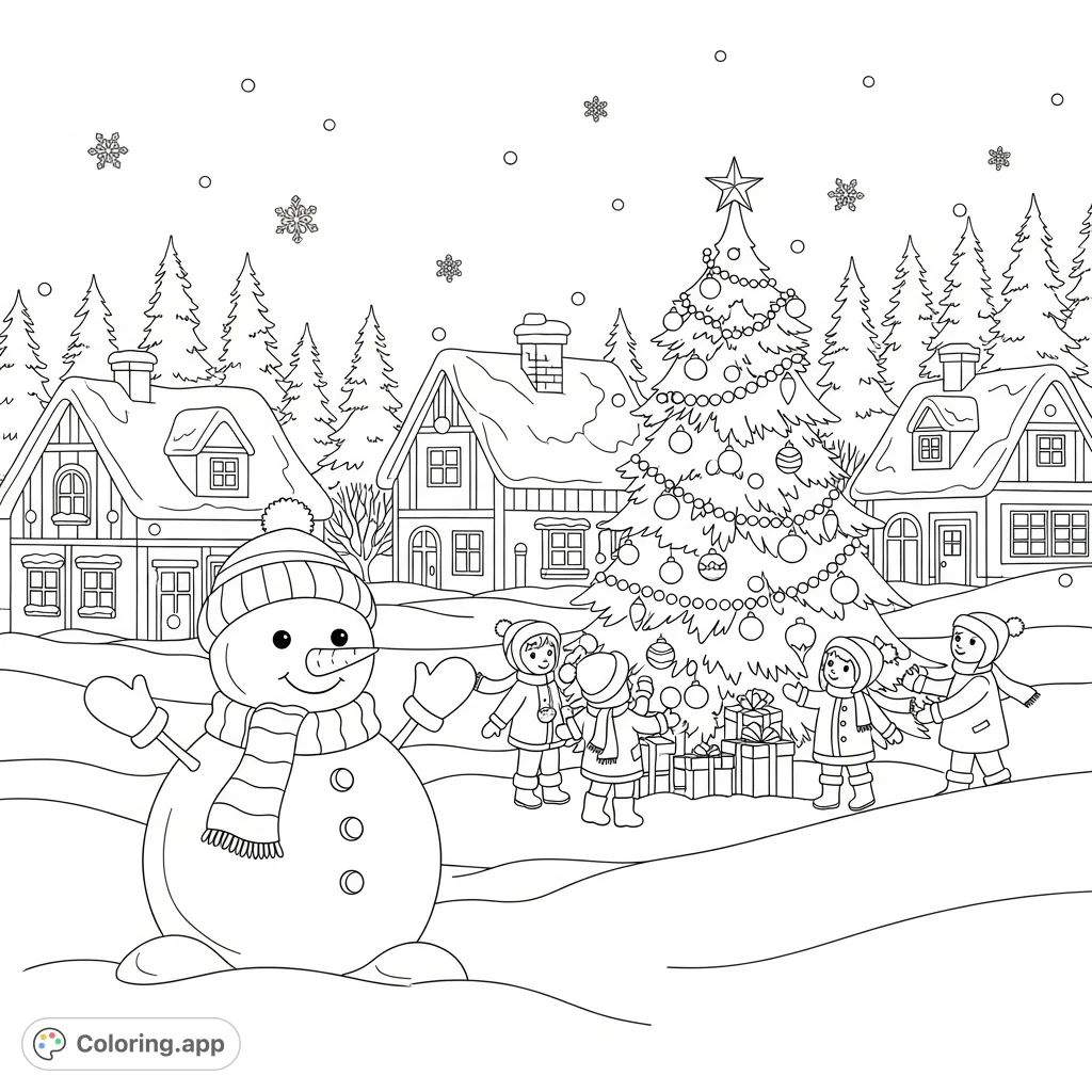 Immerse yourself in a festive snowy village scene, complete with a cheerful snowman, playful children, and a beautifully adorned Christmas tree. Perfect for holiday cheer!