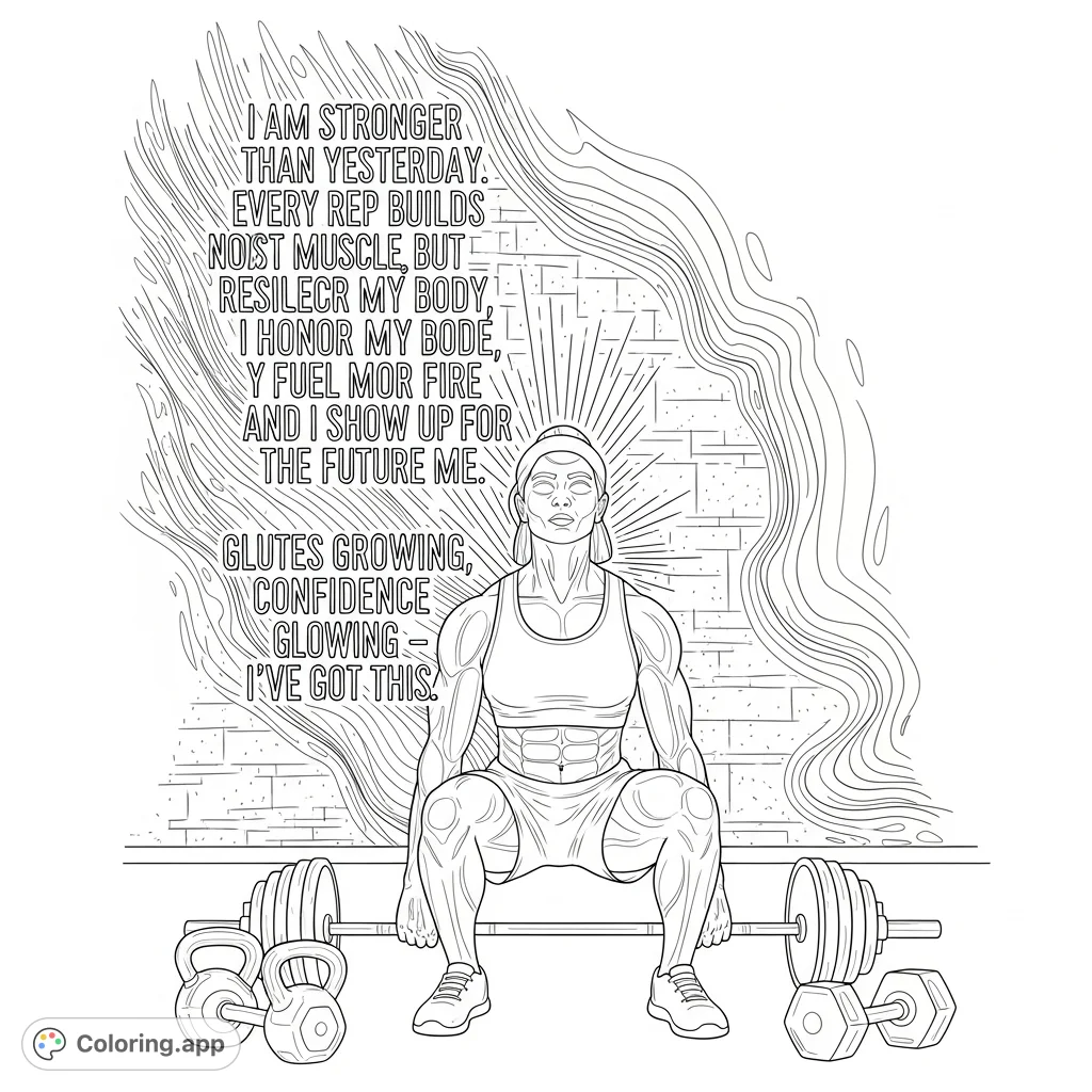 A powerful figure in a dynamic pose, surrounded by motivational text and gym equipment, perfect for a fitness coloring page.