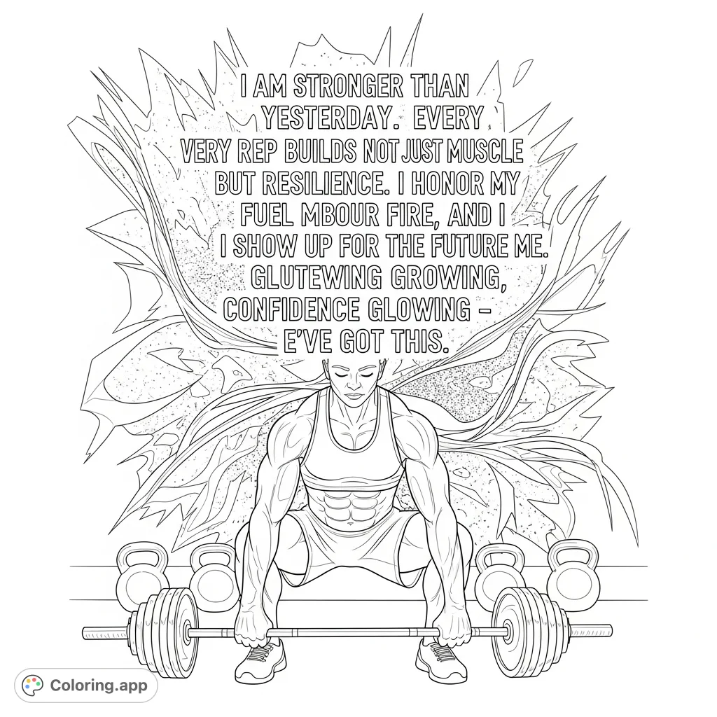 A powerful figure in a dynamic pose, surrounded by motivational text and gym equipment, perfect for a fitness coloring page.