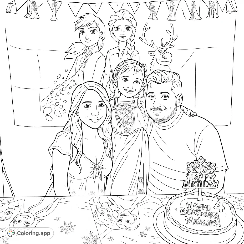 A joyful family celebrates a birthday with beloved fantasy characters, a festive cake, and a themed backdrop, perfect for imaginative coloring.