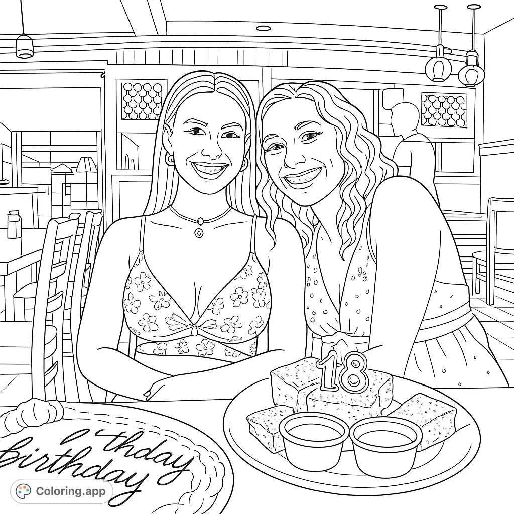Two friends celebrate an 18th birthday with pastries, a special message, and warm smiles. A joyful scene perfect for coloring.
