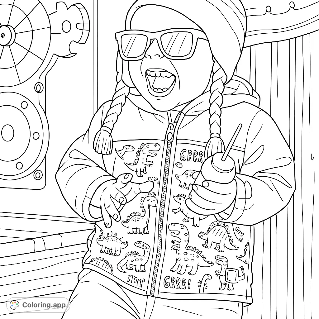 A cheerful child in a dinosaur-patterned jacket and cool sunglasses enjoys playtime on a playground, perfect for a fun coloring page.