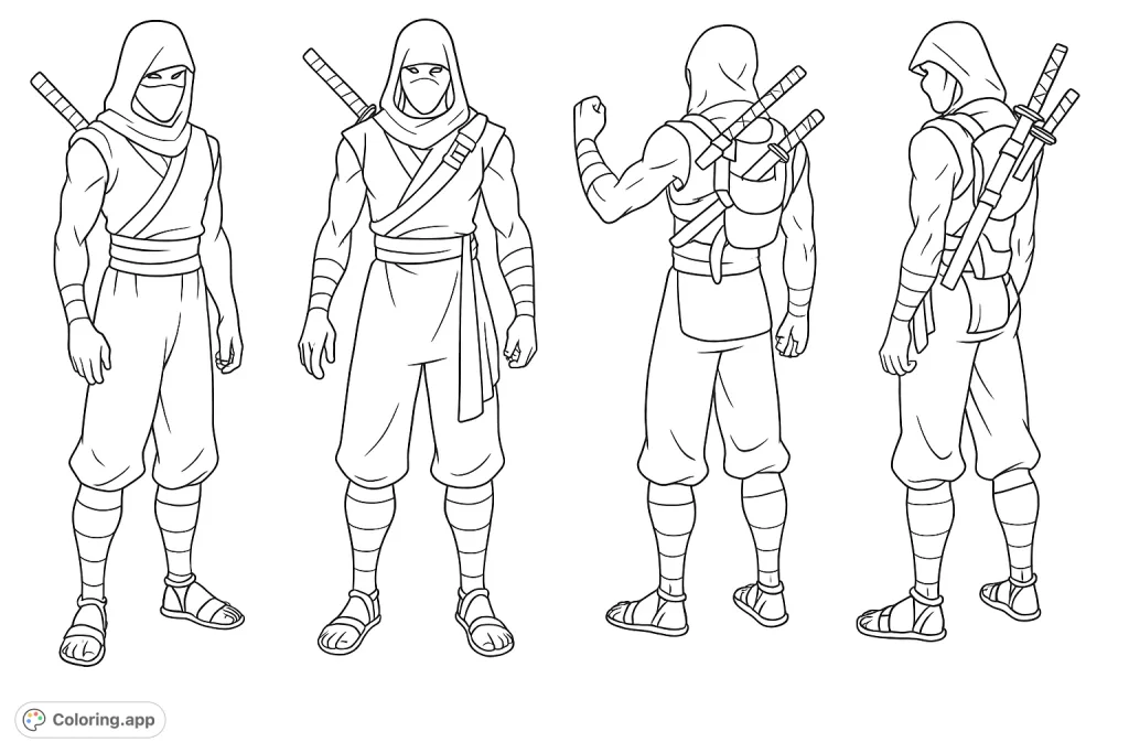 Explore a stealthy warrior in four dynamic poses, complete with hooded attire and multiple swords. A detailed character study for creative coloring.
