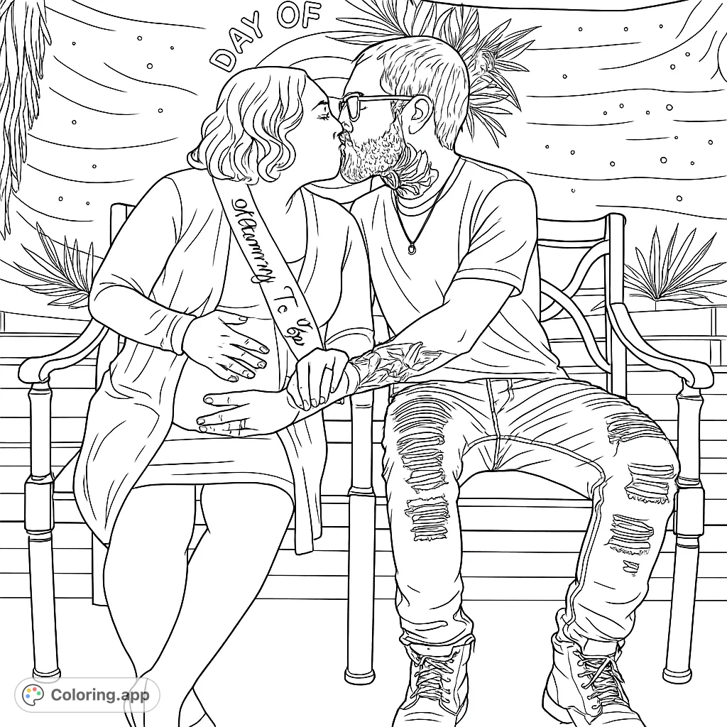 Celebrate new beginnings with this heartwarming coloring page featuring an expecting couple sharing a tender kiss. Perfect for baby shower themes and family joy.