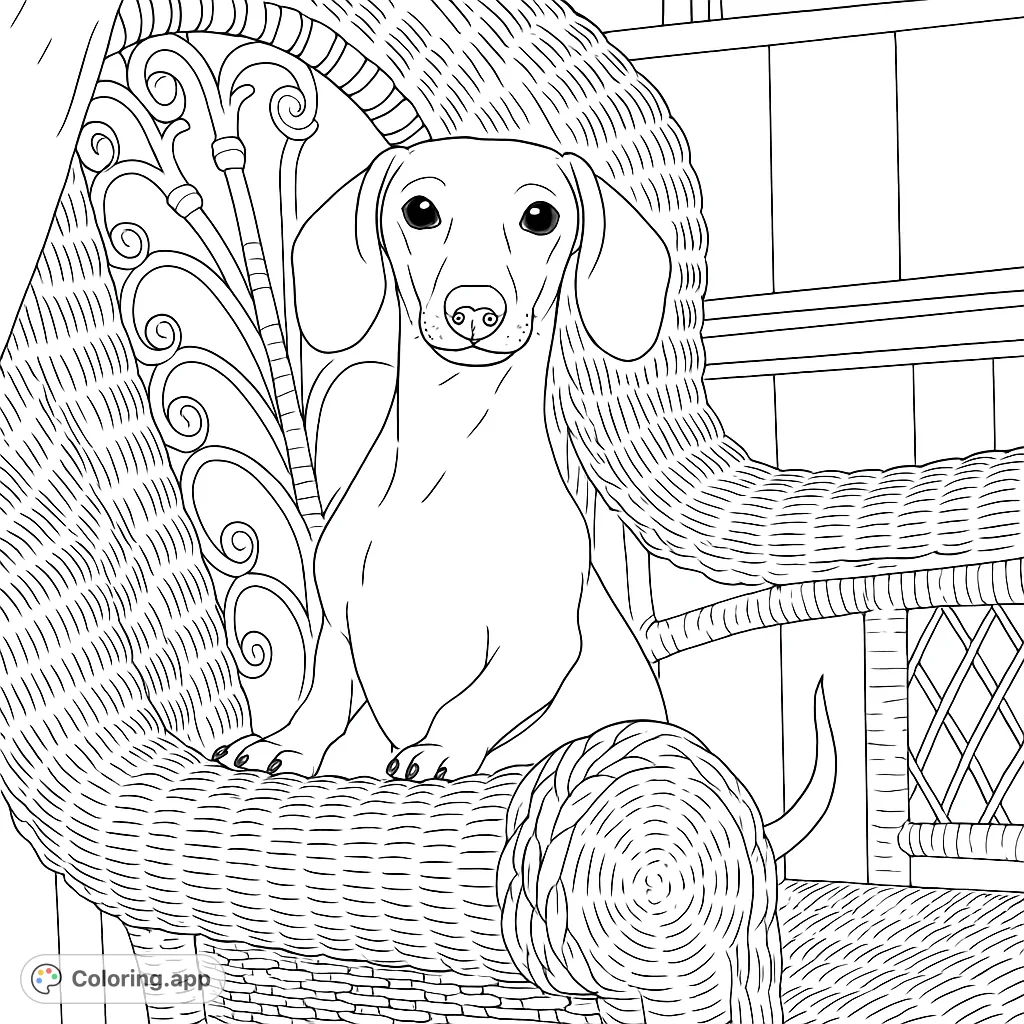 A charming dachshund sits attentively in an intricately woven wicker chair, ready for a creative coloring adventure. Perfect for dog lovers!