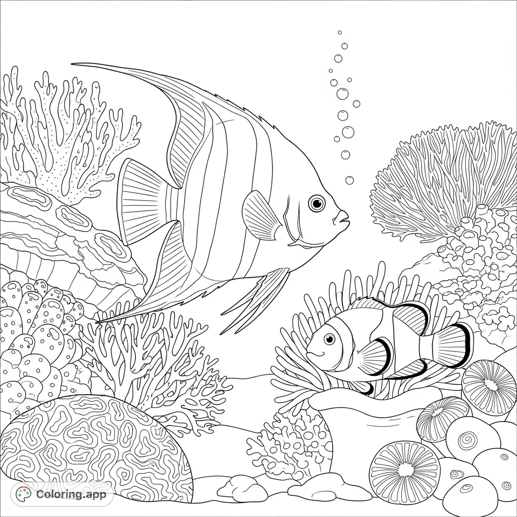 Explore an underwater paradise! A majestic angelfish and a friendly clownfish swim among intricate corals, offering a delightful and detailed coloring experience.