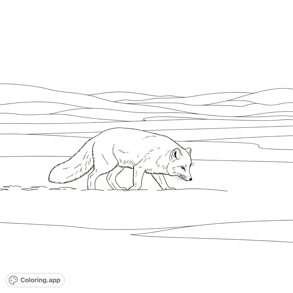 An arctic fox gracefully walks across a pristine snowy landscape, its bushy tail trailing. A serene scene for a relaxing coloring experience.