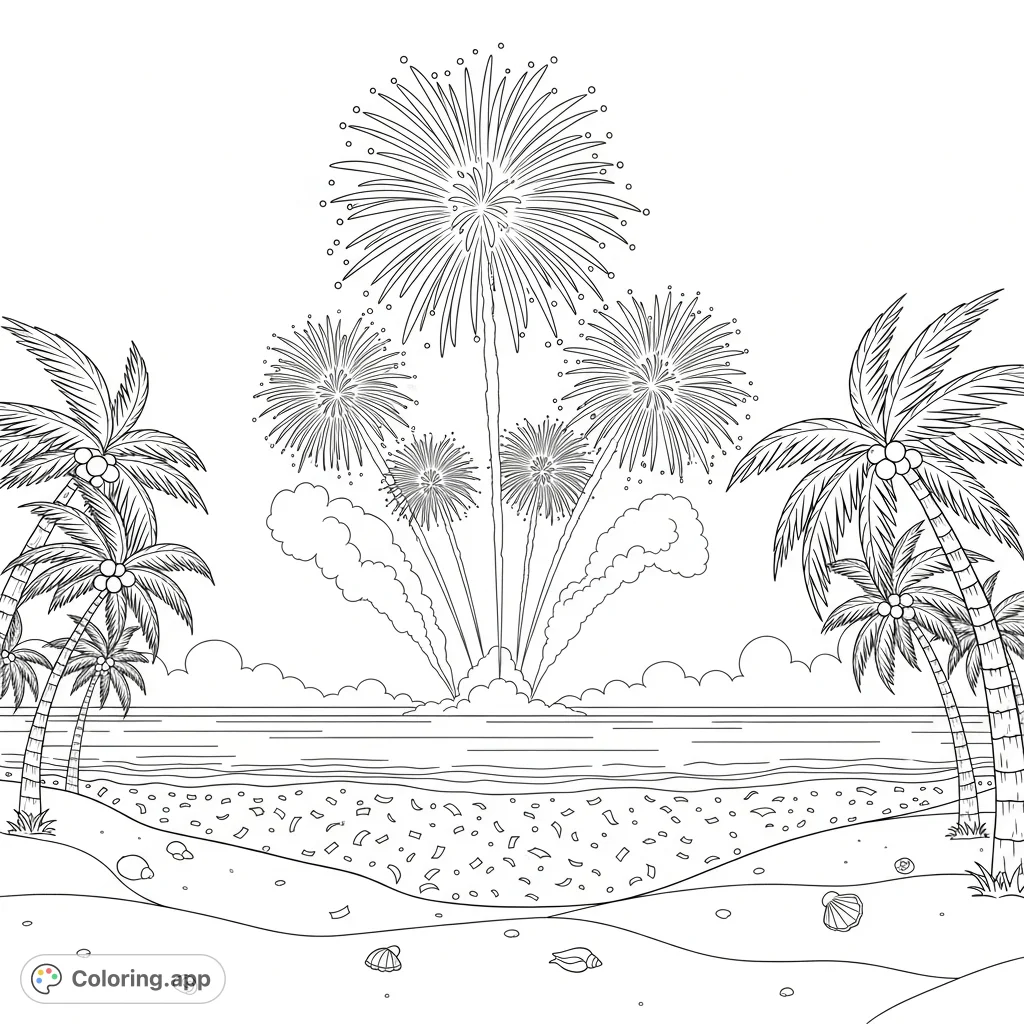 Celebrate New Year's Eve with this beach fireworks scene! Elaborate bursts light up the sky above the ocean, with scattered confetti on the sand.