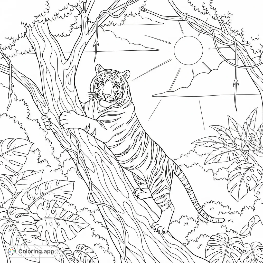 A majestic tiger climbs a gnarled tree in a dense jungle under a bright sky. A captivating animal coloring page for all ages.