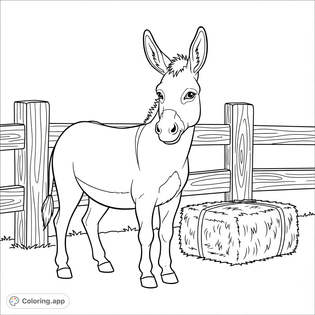 A charming farm scene featuring a gentle donkey standing by a sturdy fence with a hay bale. A delightful farm animal coloring page for all ages.