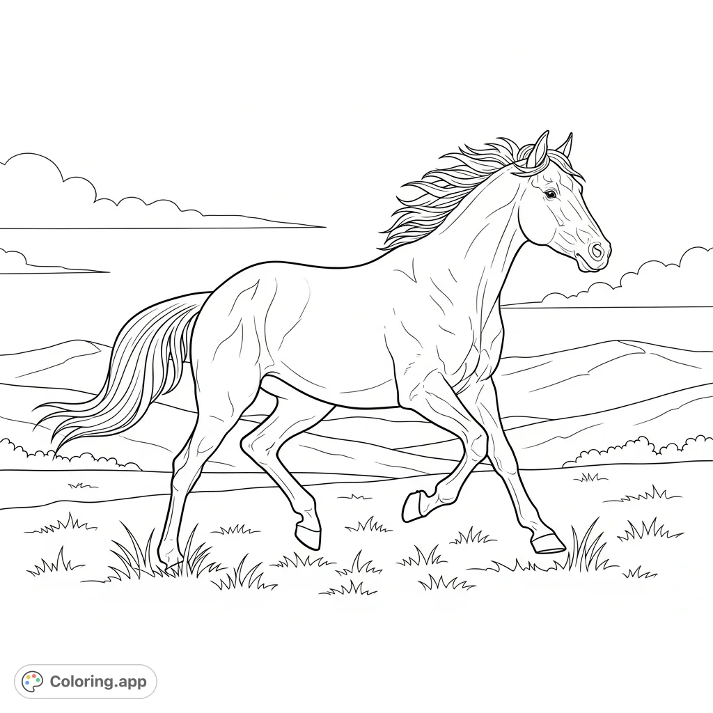 Capture the untamed spirit of a majestic horse galloping freely across an open field. A dynamic scene of grace and power, perfect for animal lovers.