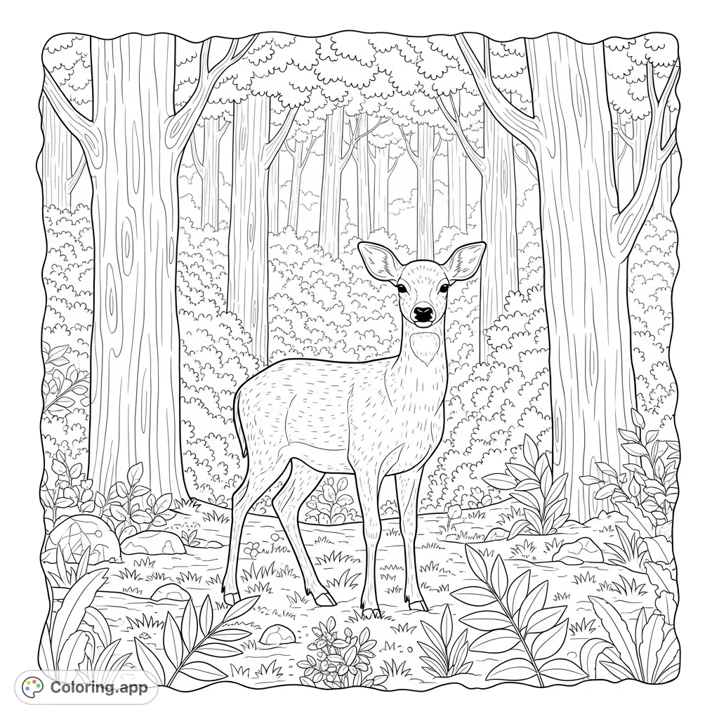 A tranquil deer stands gracefully amidst the dense foliage of a peaceful forest. Perfect for a relaxing nature-themed coloring page.