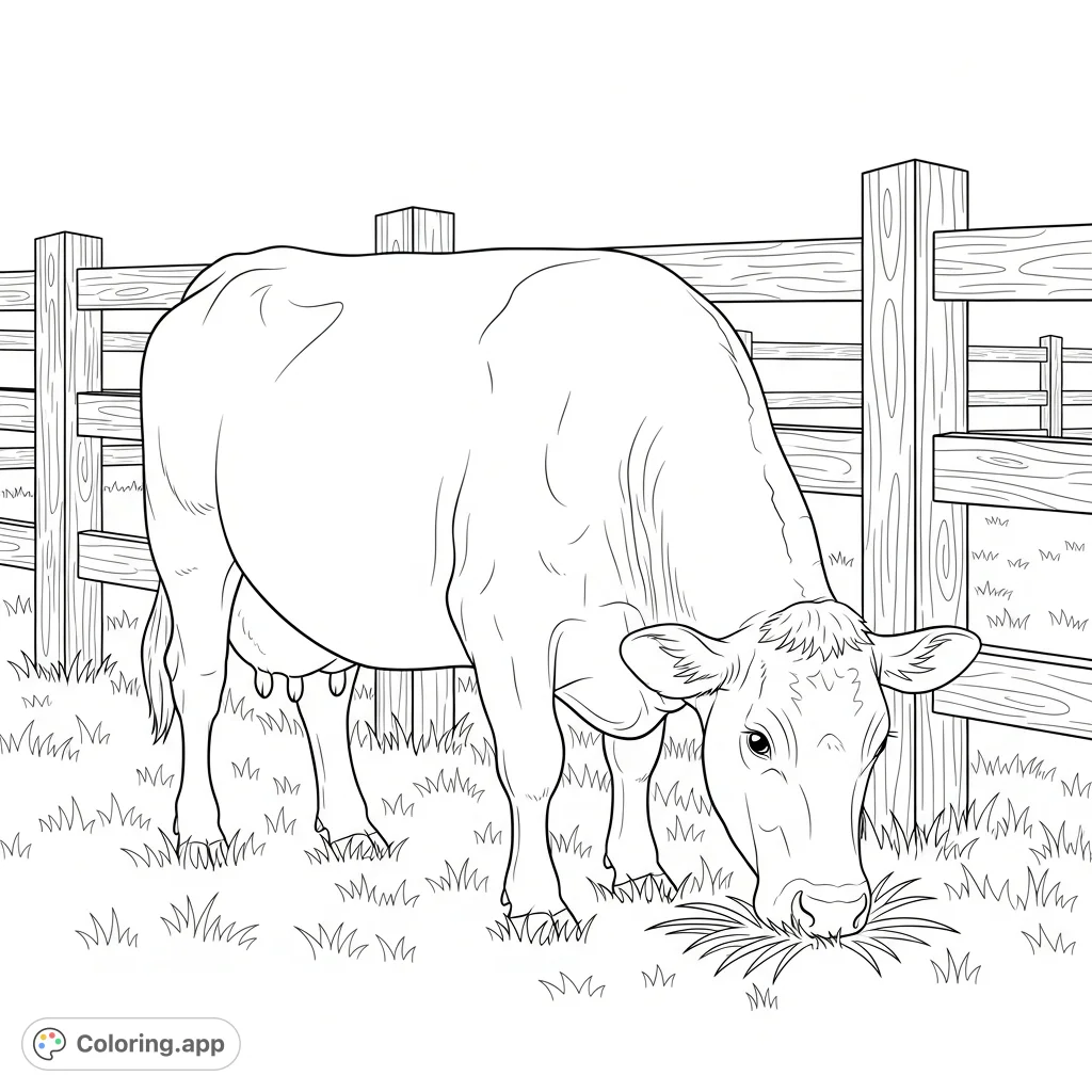 A charming farm animal coloring page featuring a cow eating grass by a rustic fence, perfect for a free printable coloring page for kids.