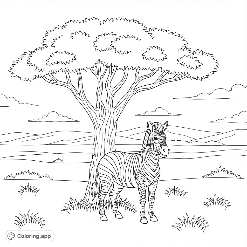 A delightful safari zebra stands happily beside a tree, ready for your creative touch. This free printable coloring page offers a joyful scene for all ages.