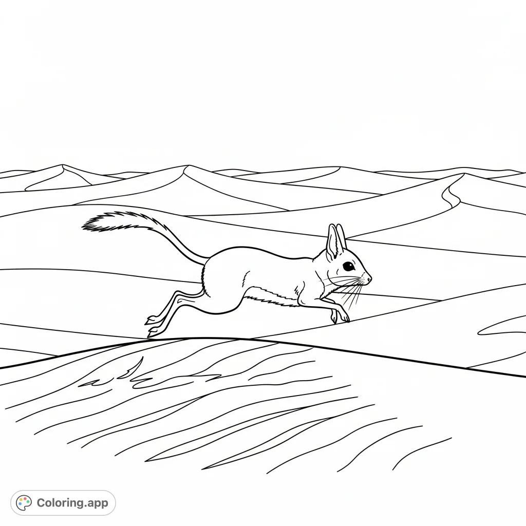 A charming jerboa hops gracefully across a vast sandy desert dune, its long tail providing balance. A delightful jerboa coloring page.